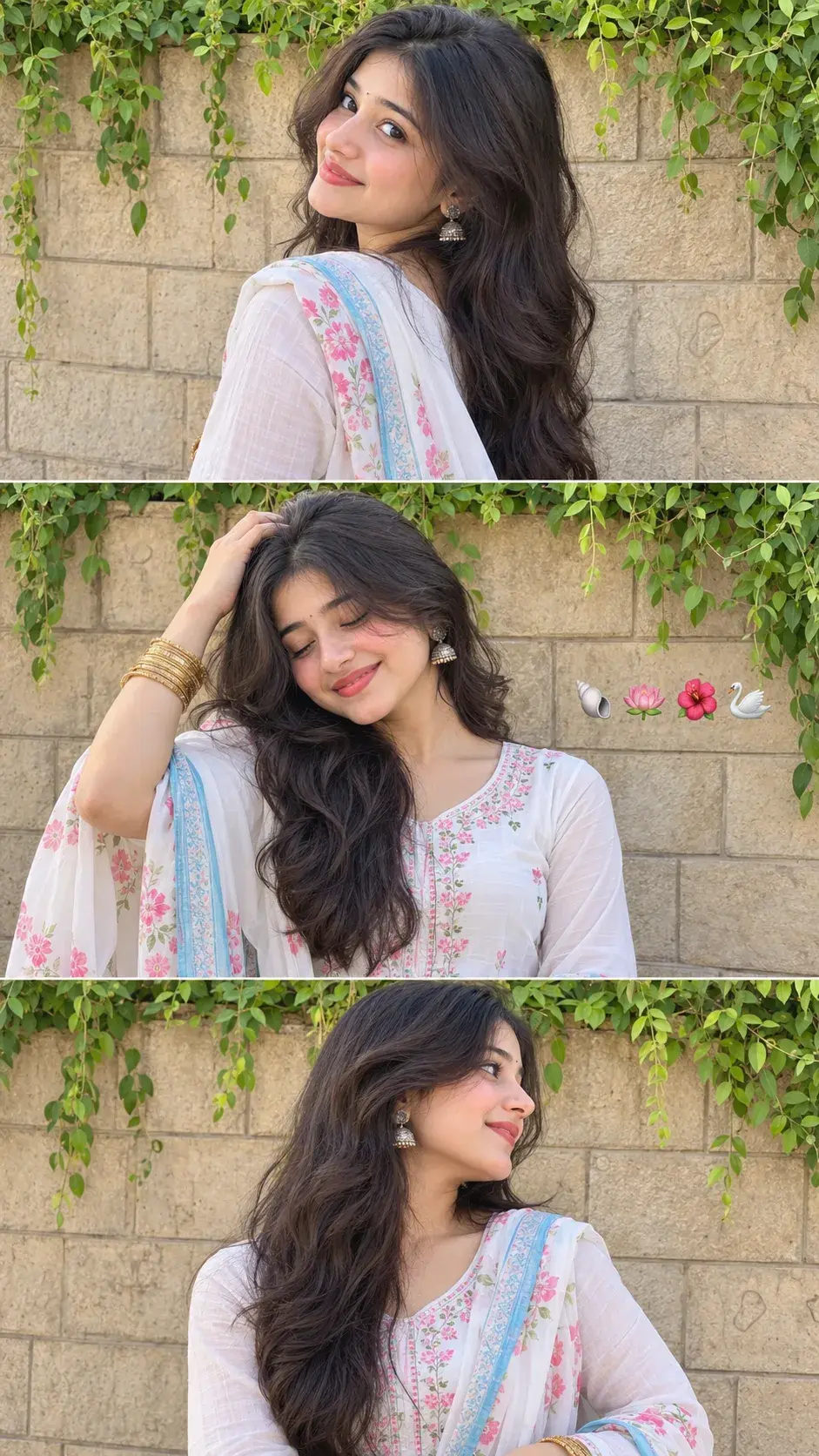 Three-Panel Portrait Collage Of A Young Woman In White Kurta And Floral Dupatta 🌸