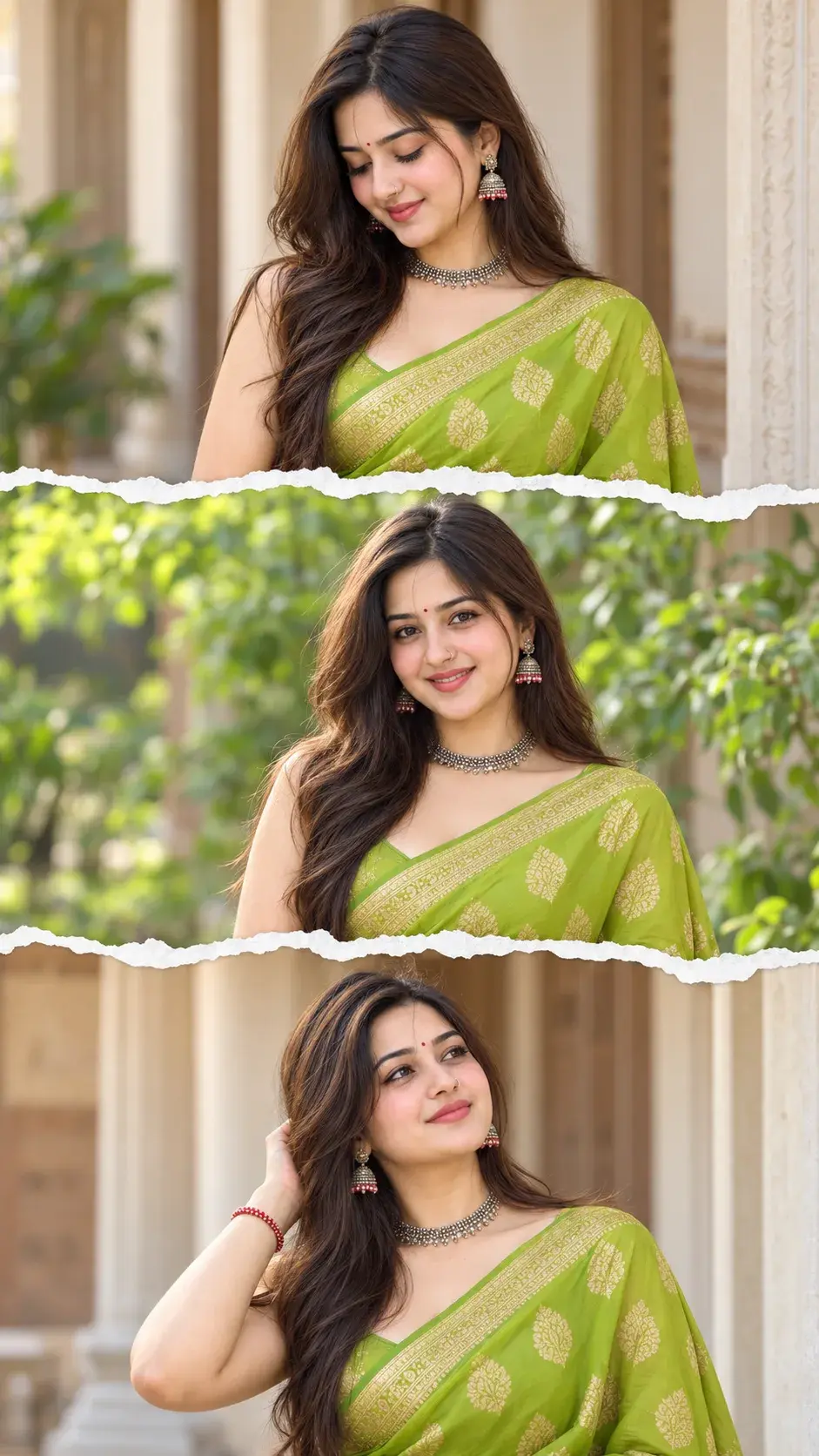 Three-Panel Portrait Collage Of An Indian Woman In Lime Green Saree 💚