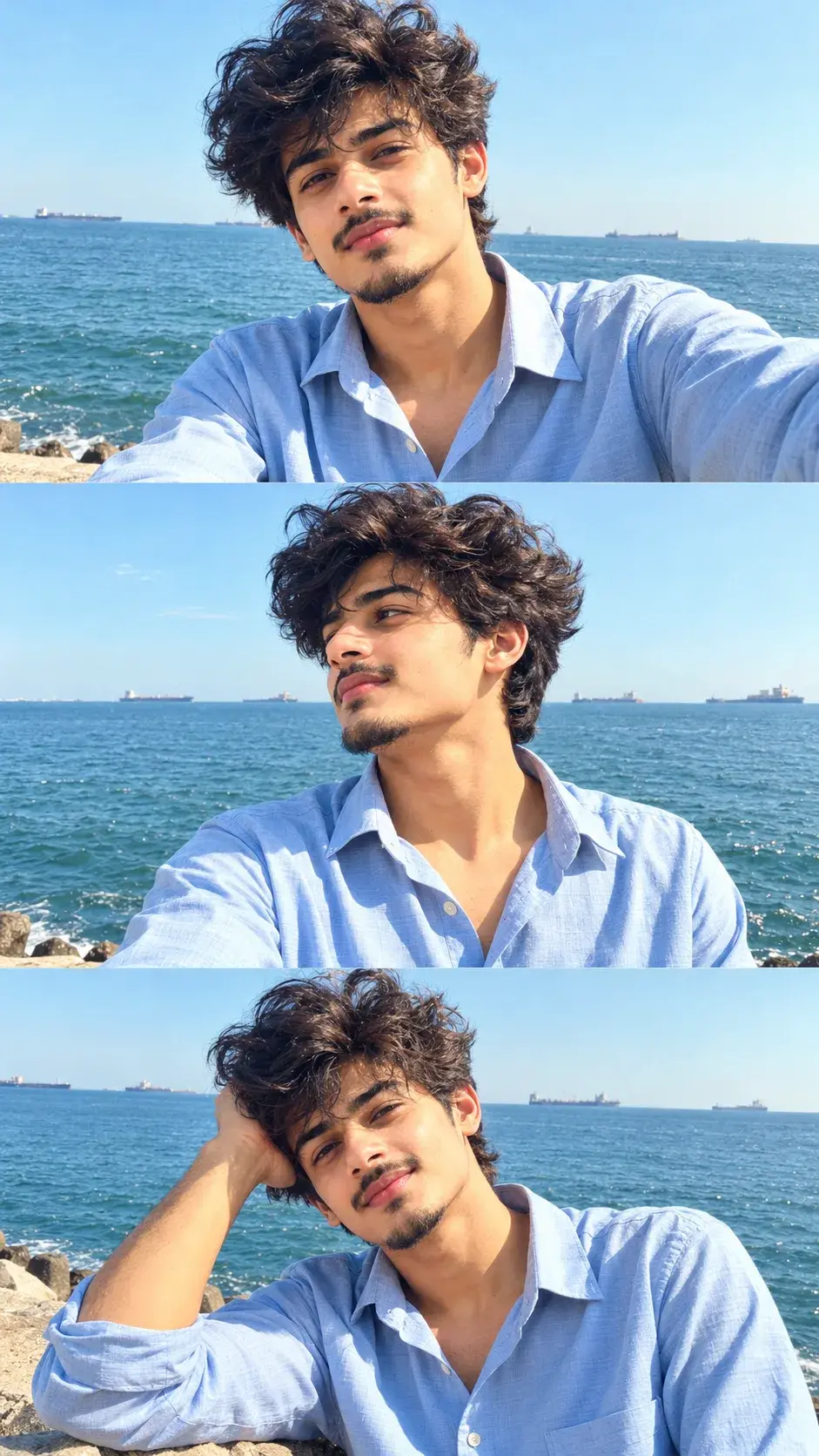 Three-Panel Seaside Portrait Of A Young Man In A Light Blue Shirt 🌊