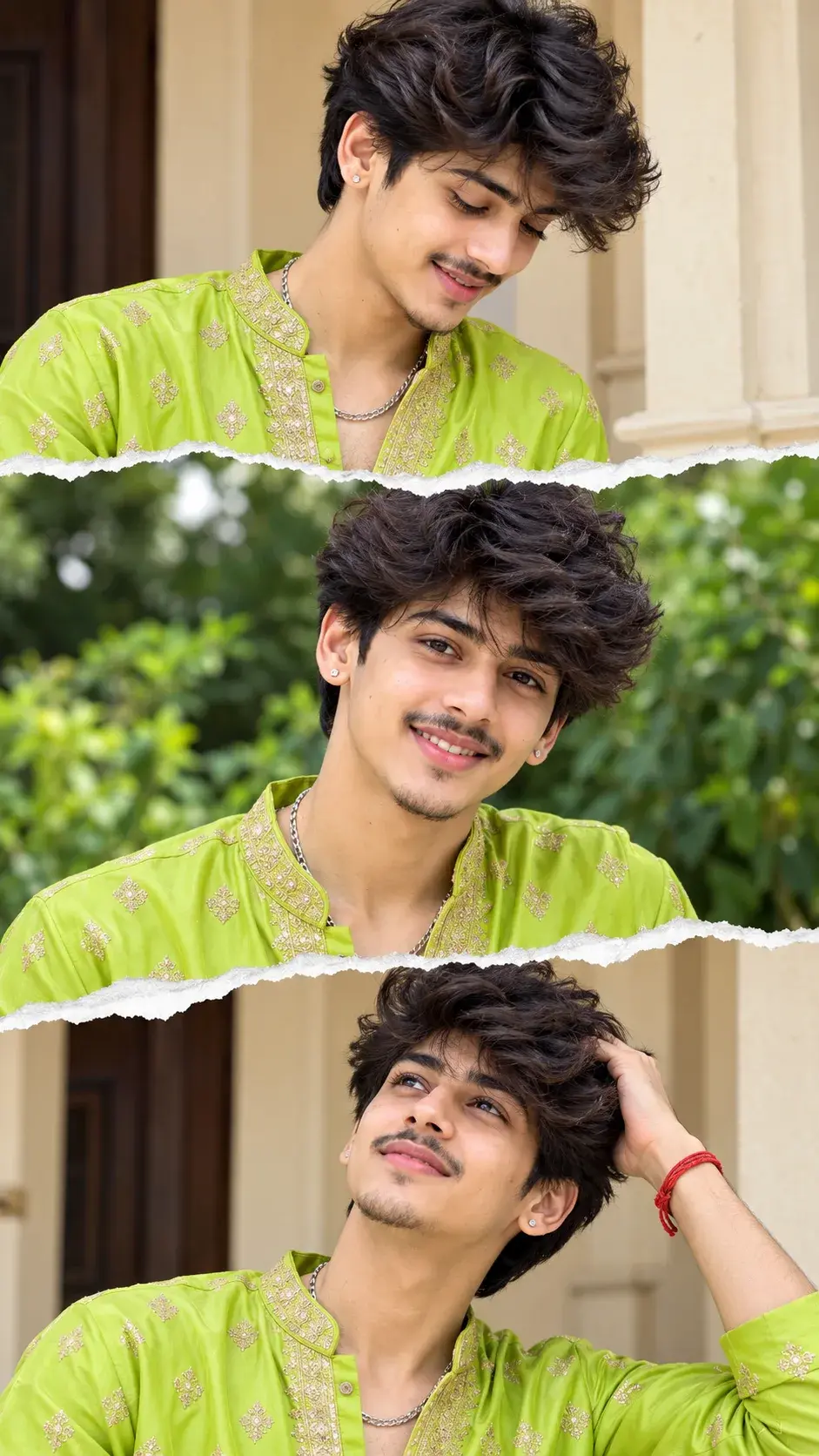Three-Panel Torn-Paper Collage Of A Young Man In Lime Green Kurta 💚✨