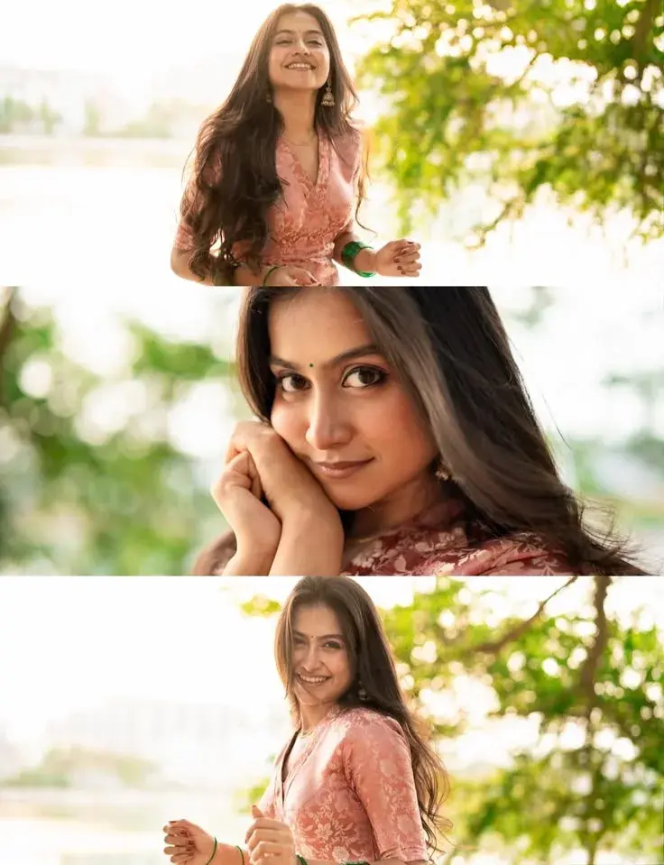 Three-Panel Vertical Portrait Collage Of Smiling Young Indian Woman In Golden Sunlight