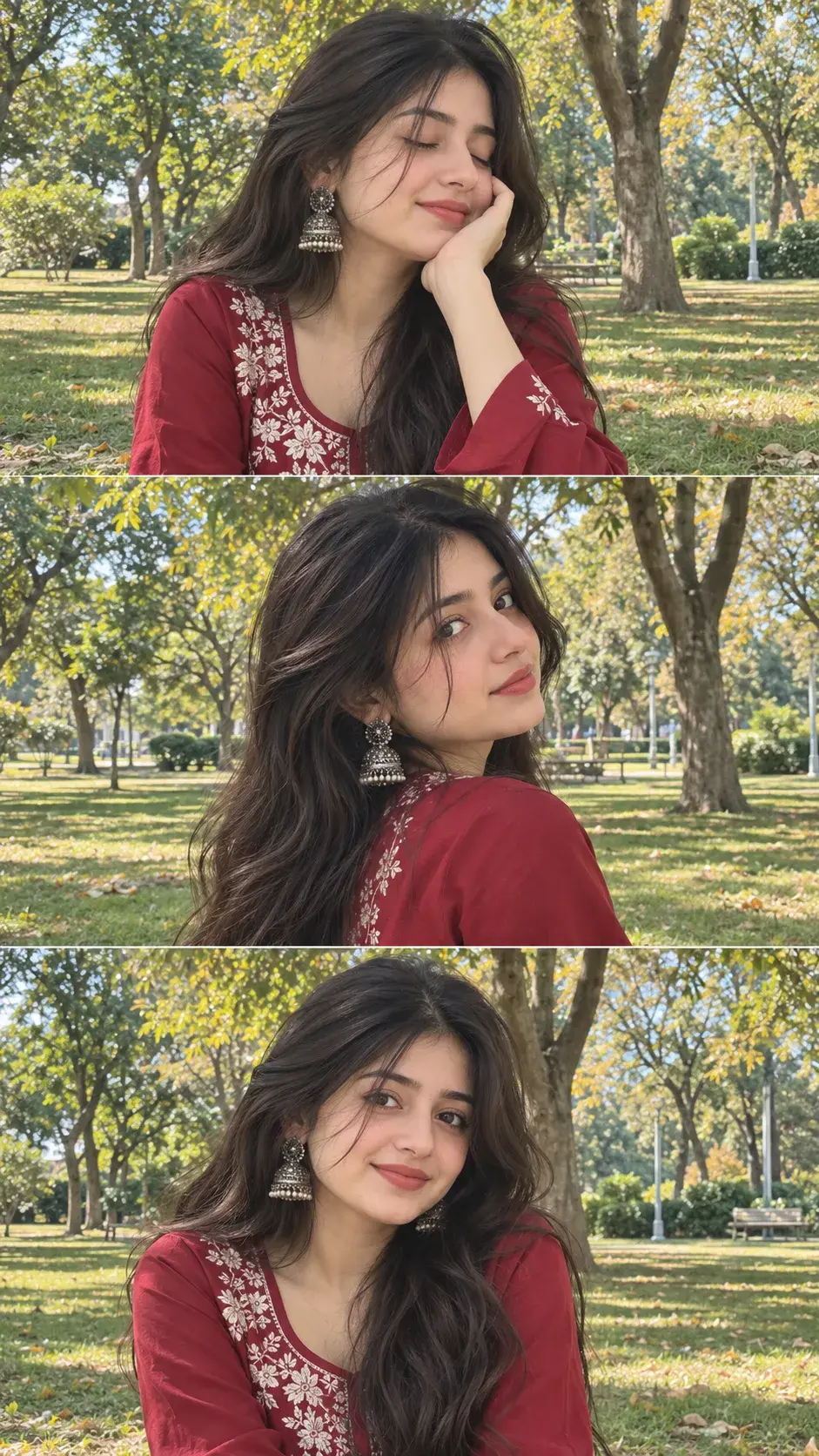 Three-Panel Vintage Portrait Of A South Asian Woman In Red Tunic 🌹