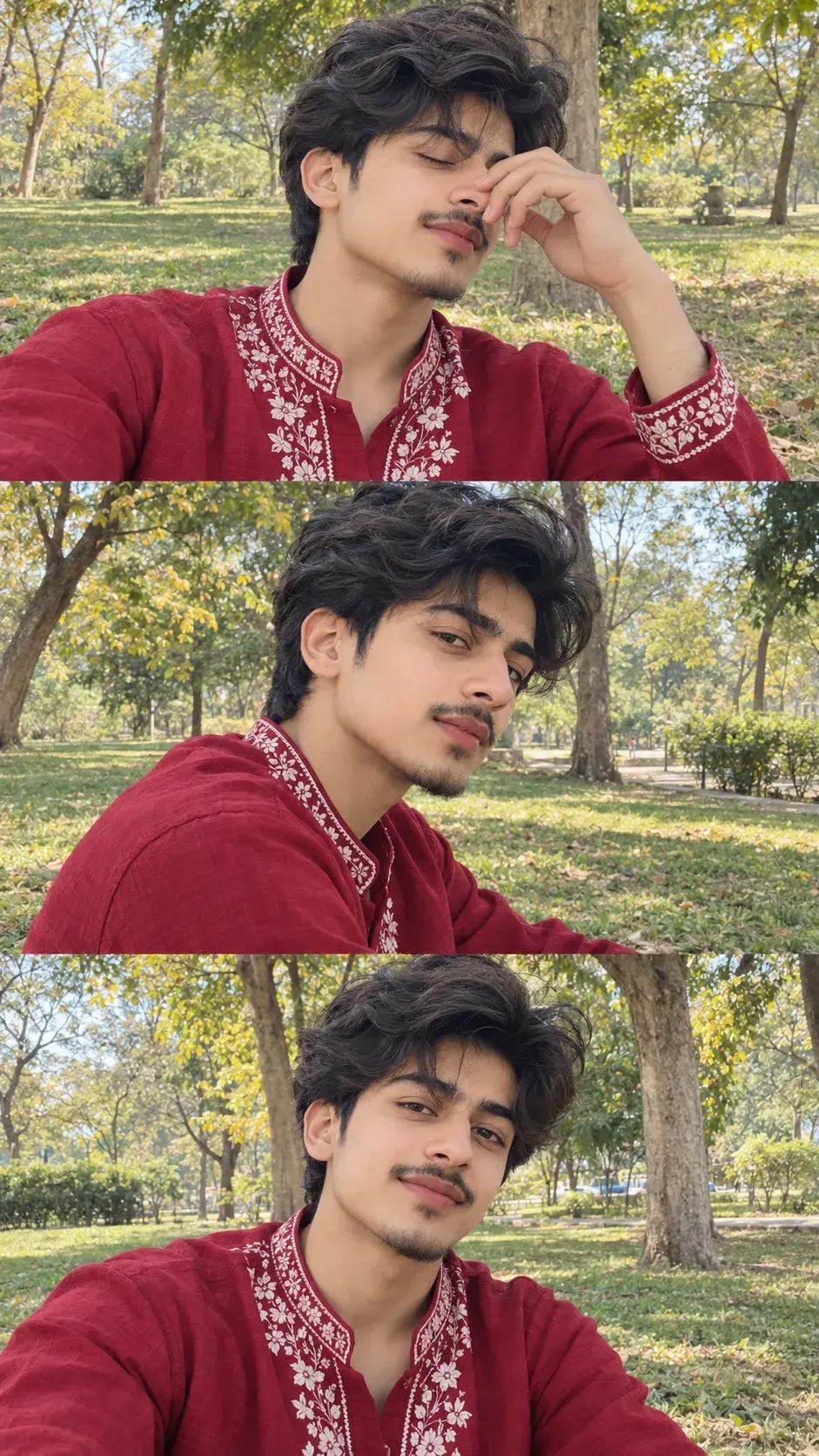 Three-Panel Vintage Portrait Of A Young Man In Red Embroidered Tunic 🌹