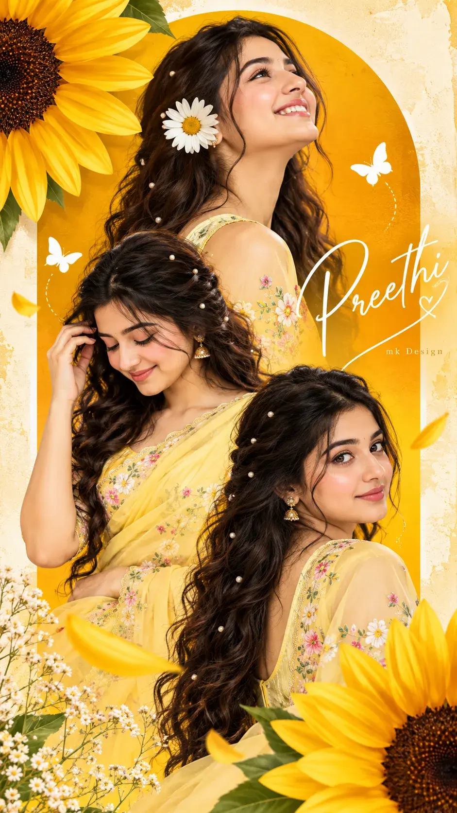 Three-Panel Yellow Floral Saree Portrait Collage 🌼
