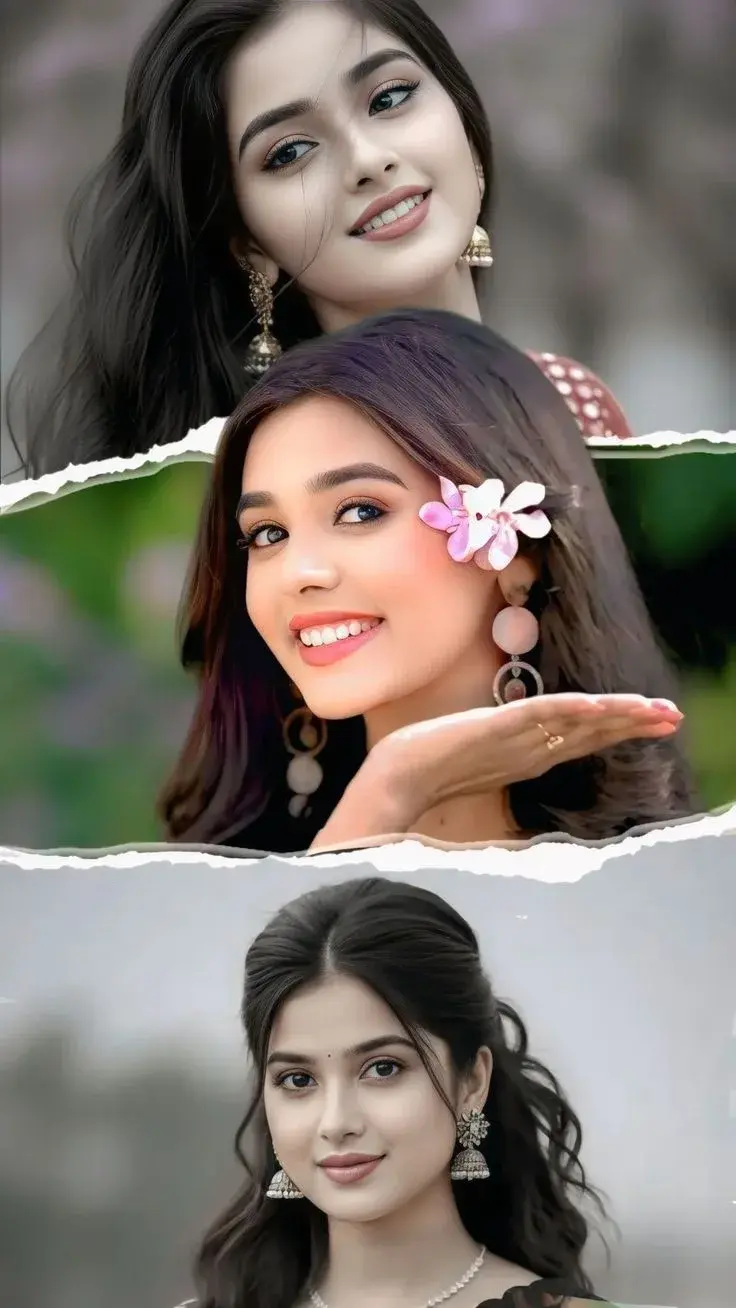 Three-Tier Torn-Paper Portrait Collage Of Young Indian Woman