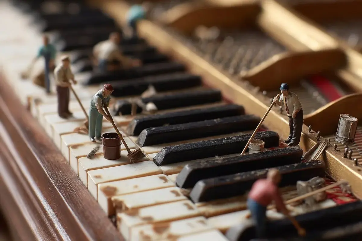 Tiny Figure Cleaning Piano Keys