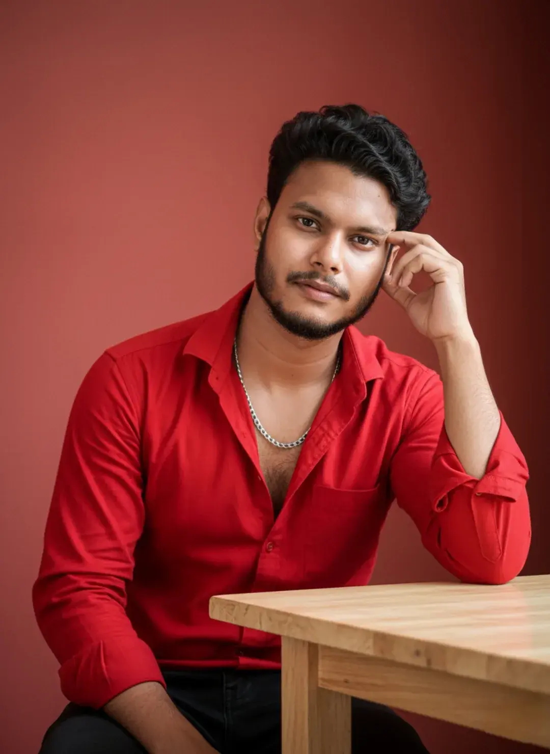 Title: Confident Young Man In Red Shirt Portrait