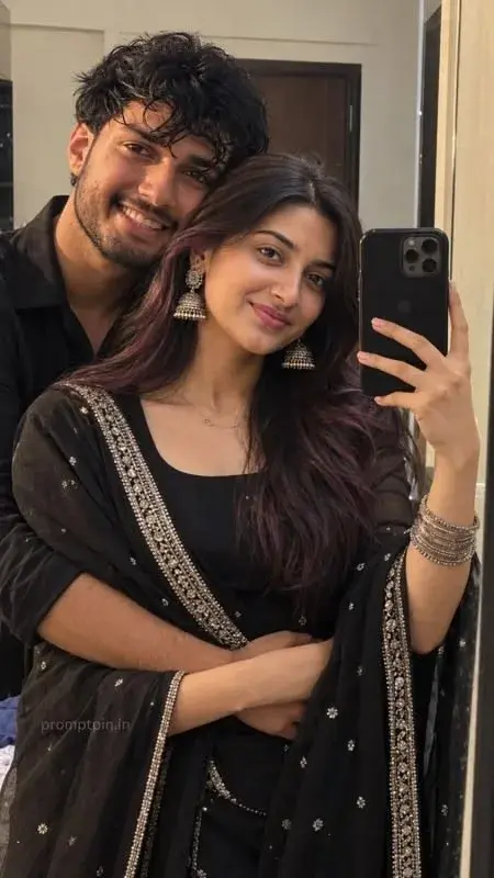 💕 Title: Romantic Couple Mirror Selfie | Black Traditional Outfit Love Aesthetic 🖤✨