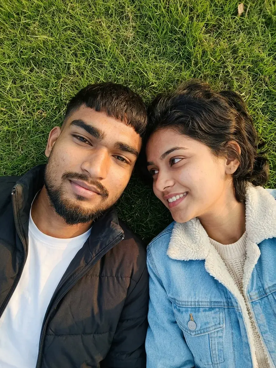 Top-Down Couple Portrait Lying On Lush Green Grass Prompt