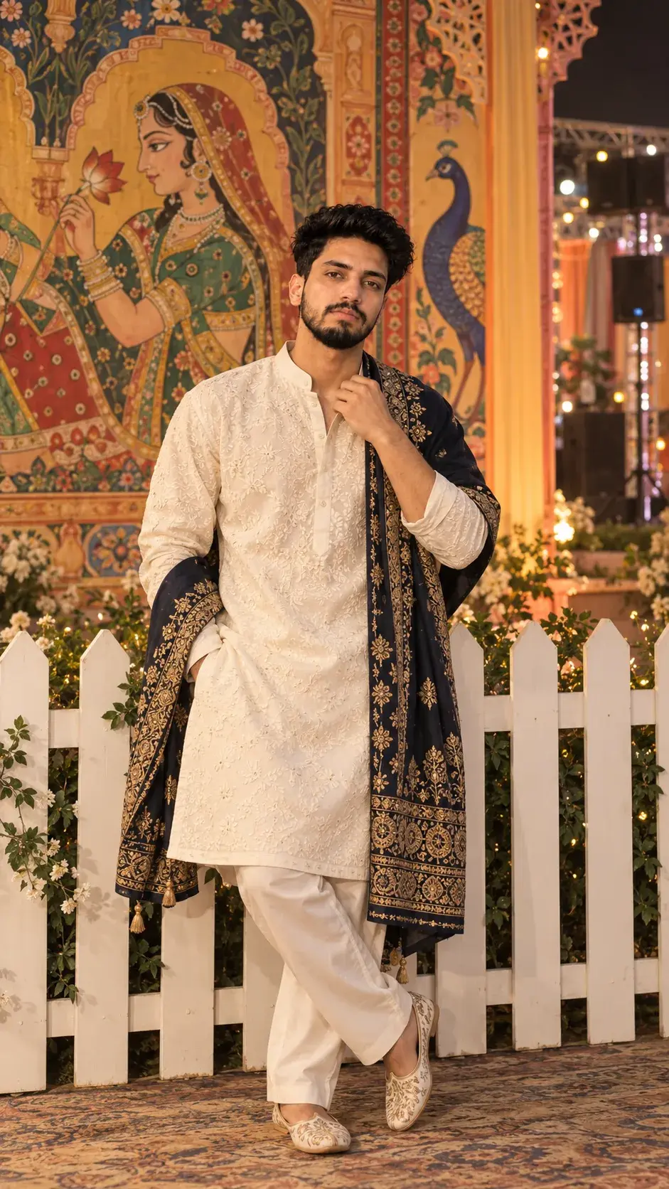 Traditional White Kurta With Navy Blue Dupatta | Indian Ethnic Men’s Fashion