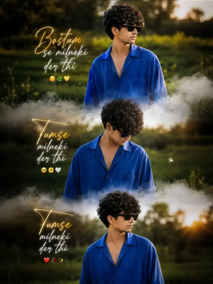 Triple Exposure Golden Hour Portrait Of Young Indian Man In Royal Blue Shirt