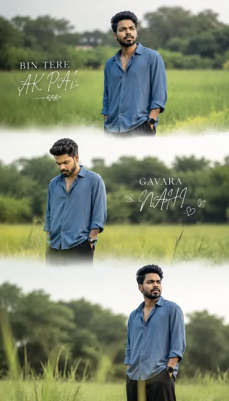 Triple Exposure Melancholic Field Portrait Of Young Indian Man In Blue Shirt