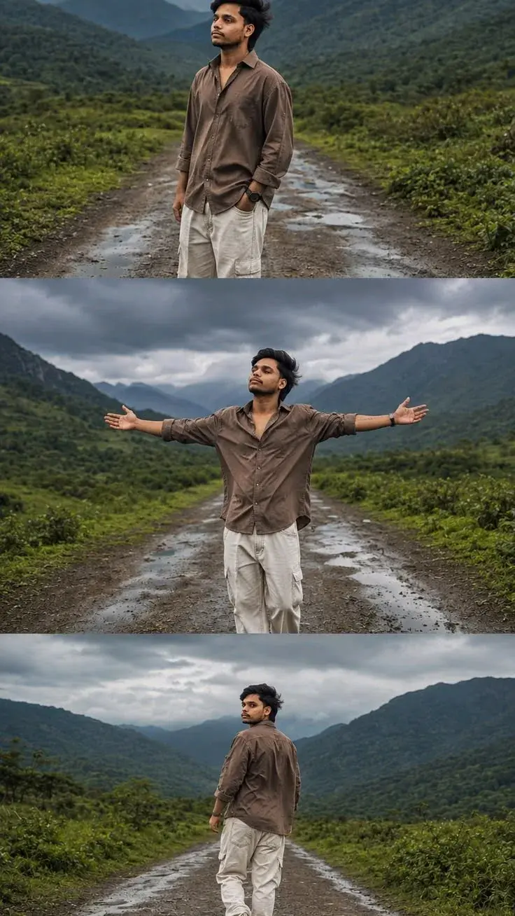 Triple Exposure Moody Landscape Portrait Of Young Indian Man On Dirt Path