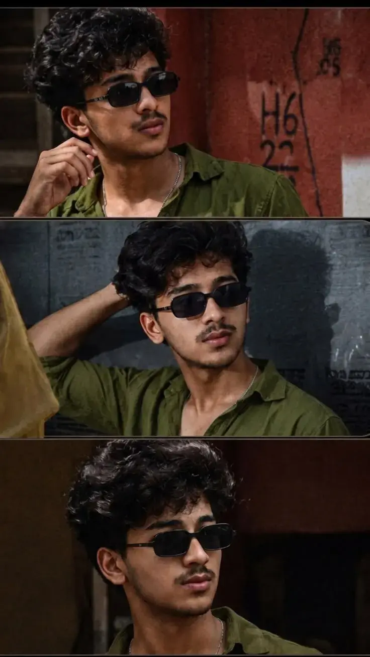 Triple Exposure Moody Street Portrait Of Young Indian Man In Olive Shirt