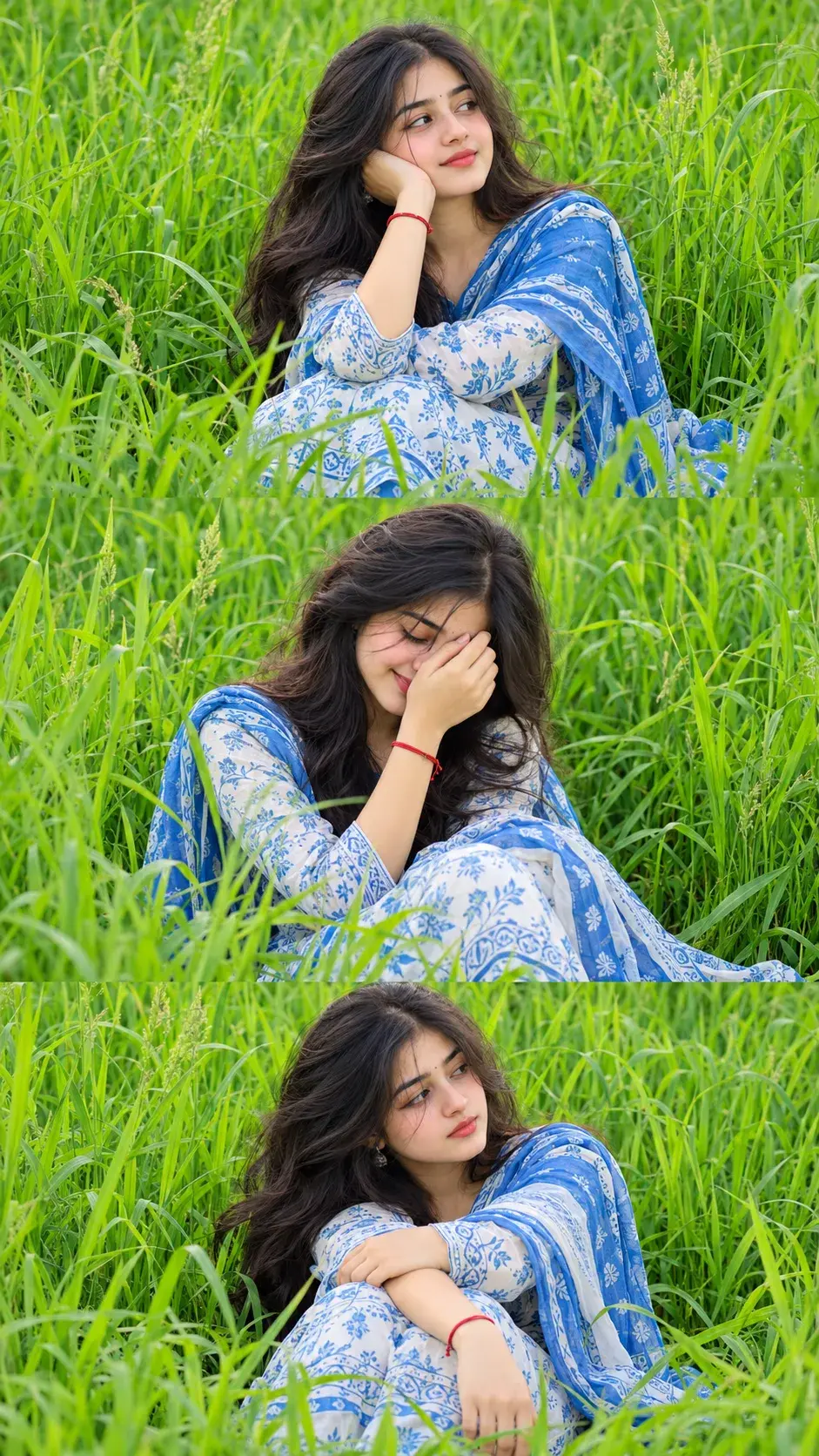 Triple-Stacked Romantic Portrait Of A South Asian Woman In Blue Salwar Suit 💙✨