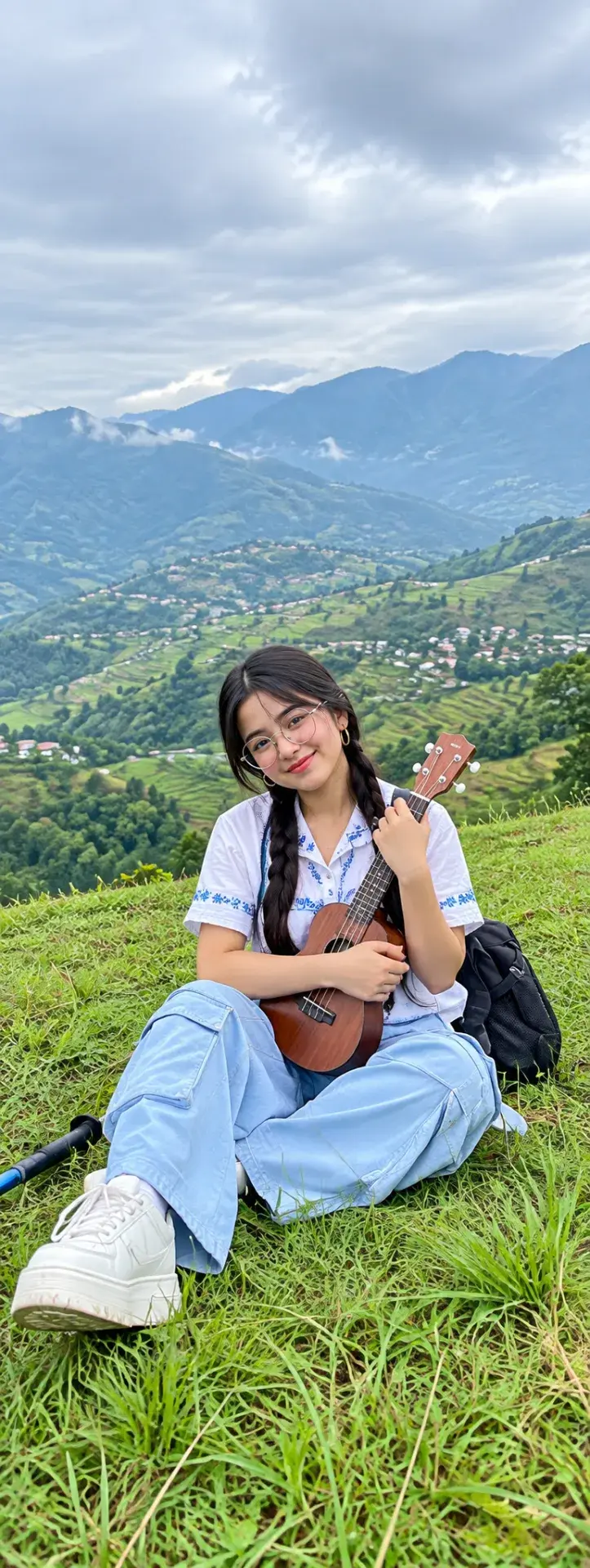 🎶🏔️ Ukulele Travel Photography – Peaceful Mountain Valley Outdoor Portrait