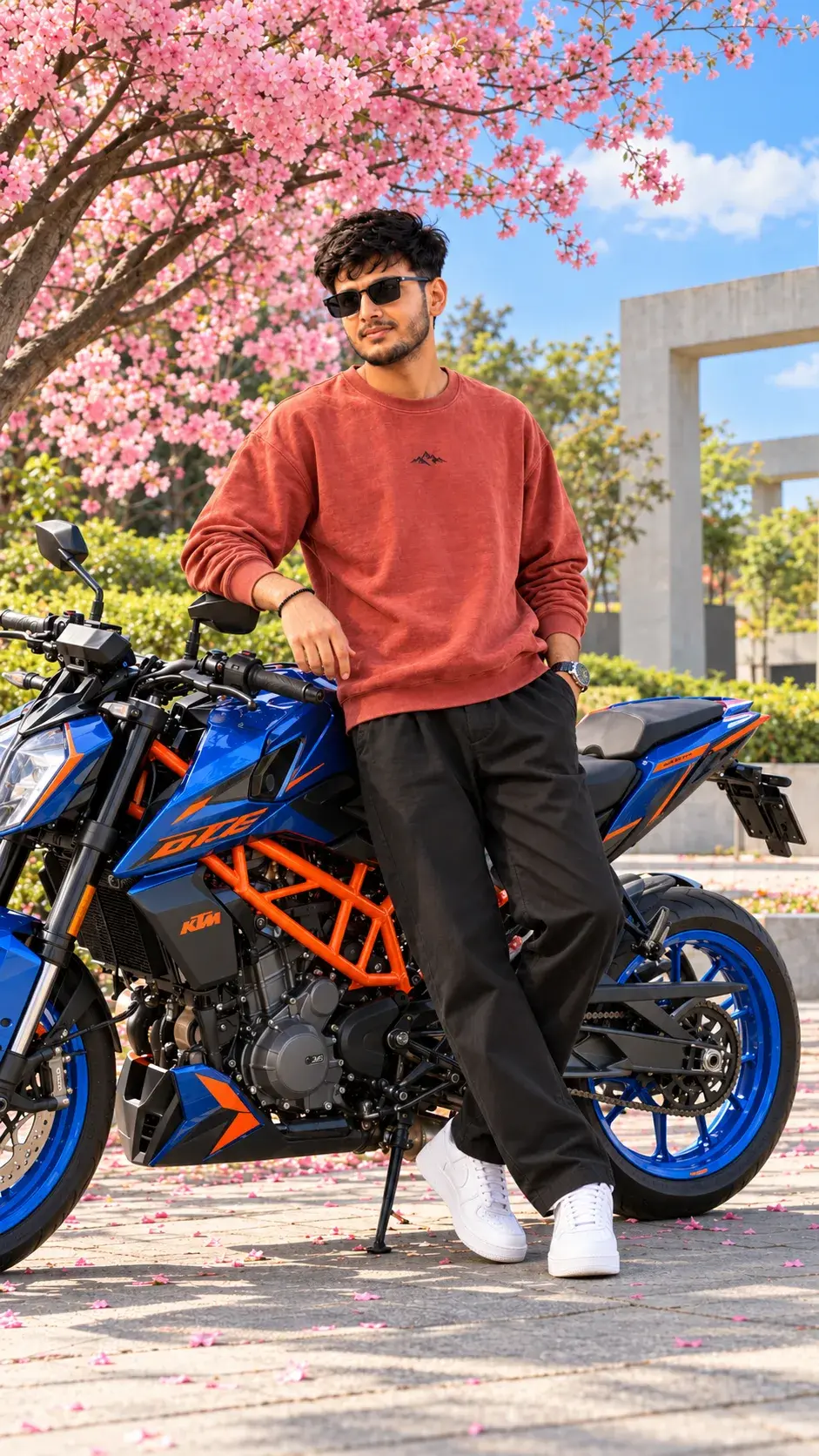 Ultra-Realistic 4K Cinematic Motorcycle Fashion Portrait Prompt — Pink Blossom Garden
