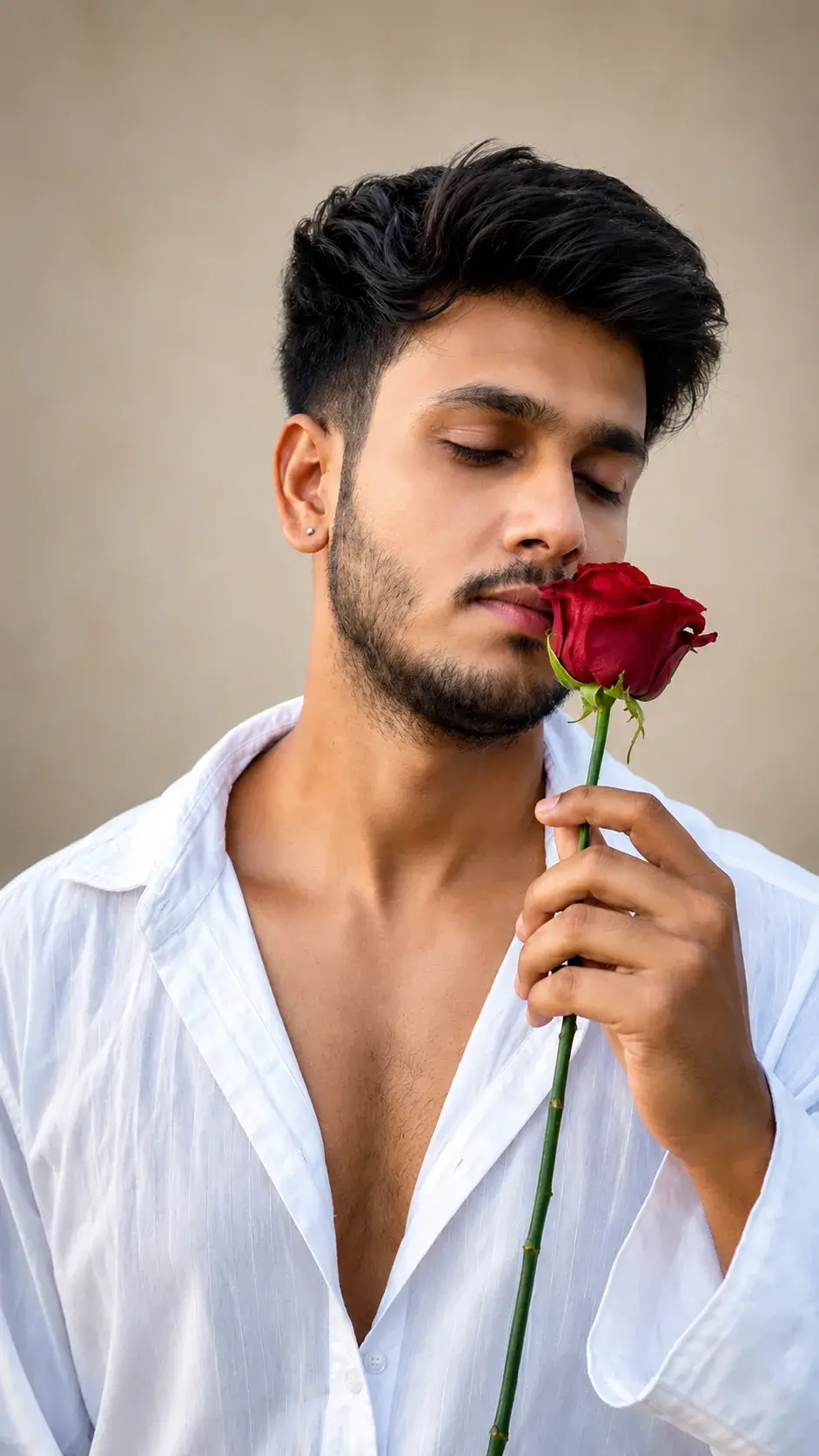 Ultra-Realistic 4K Romantic Cinematic Portrait Prompt — Red Rose & White Shirt