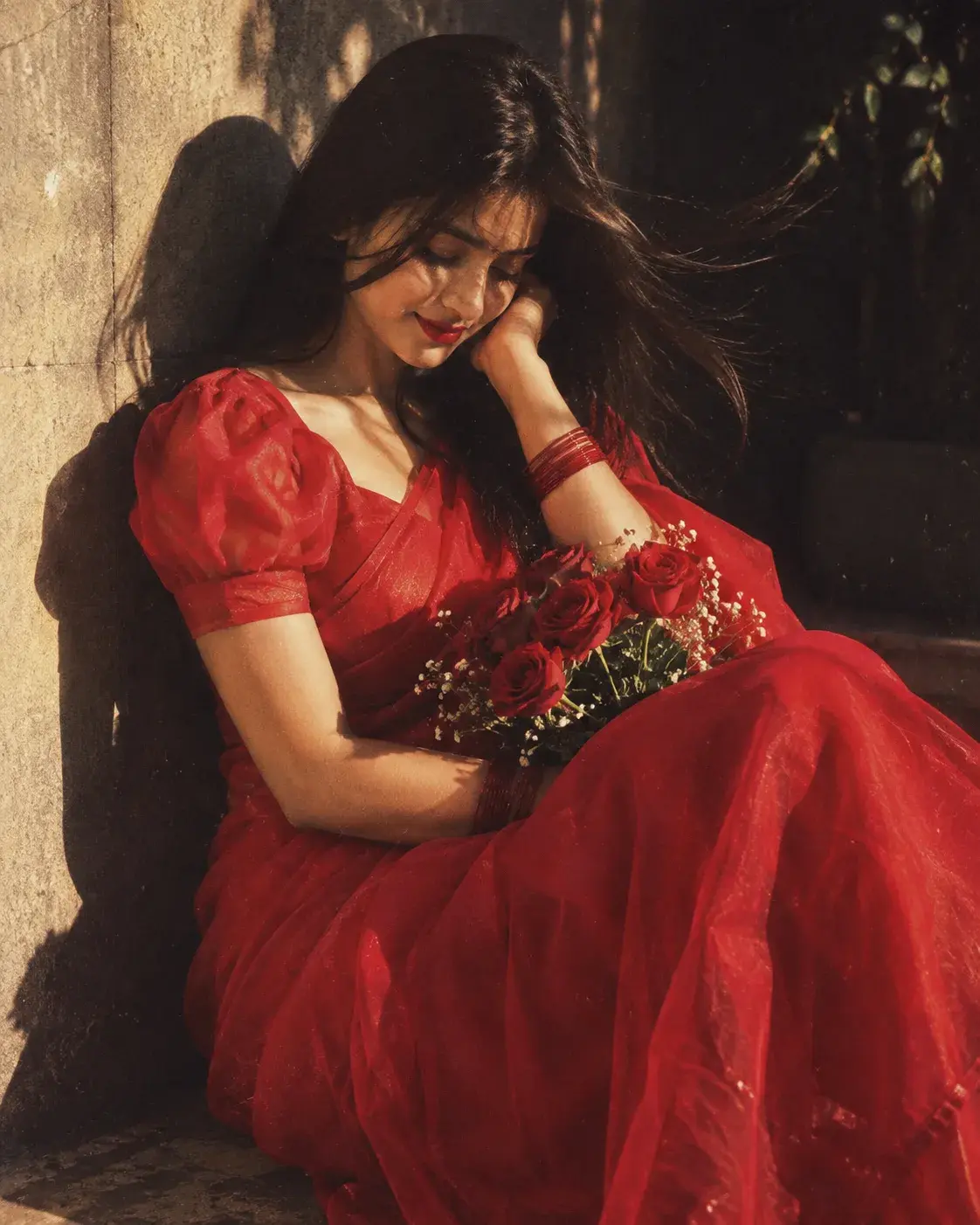 Ultra Realistic Cinematic Portrait Of A Young Girl Wearing Red Gown