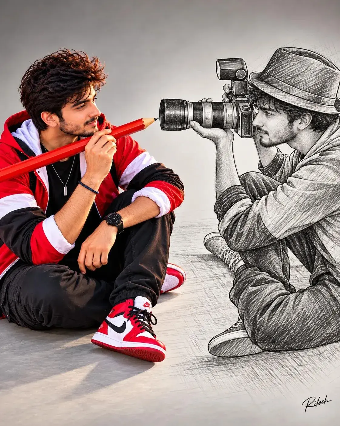 Ultra-Realistic Creative Artist Portrait — Color Vs. Pencil Sketch, 4K