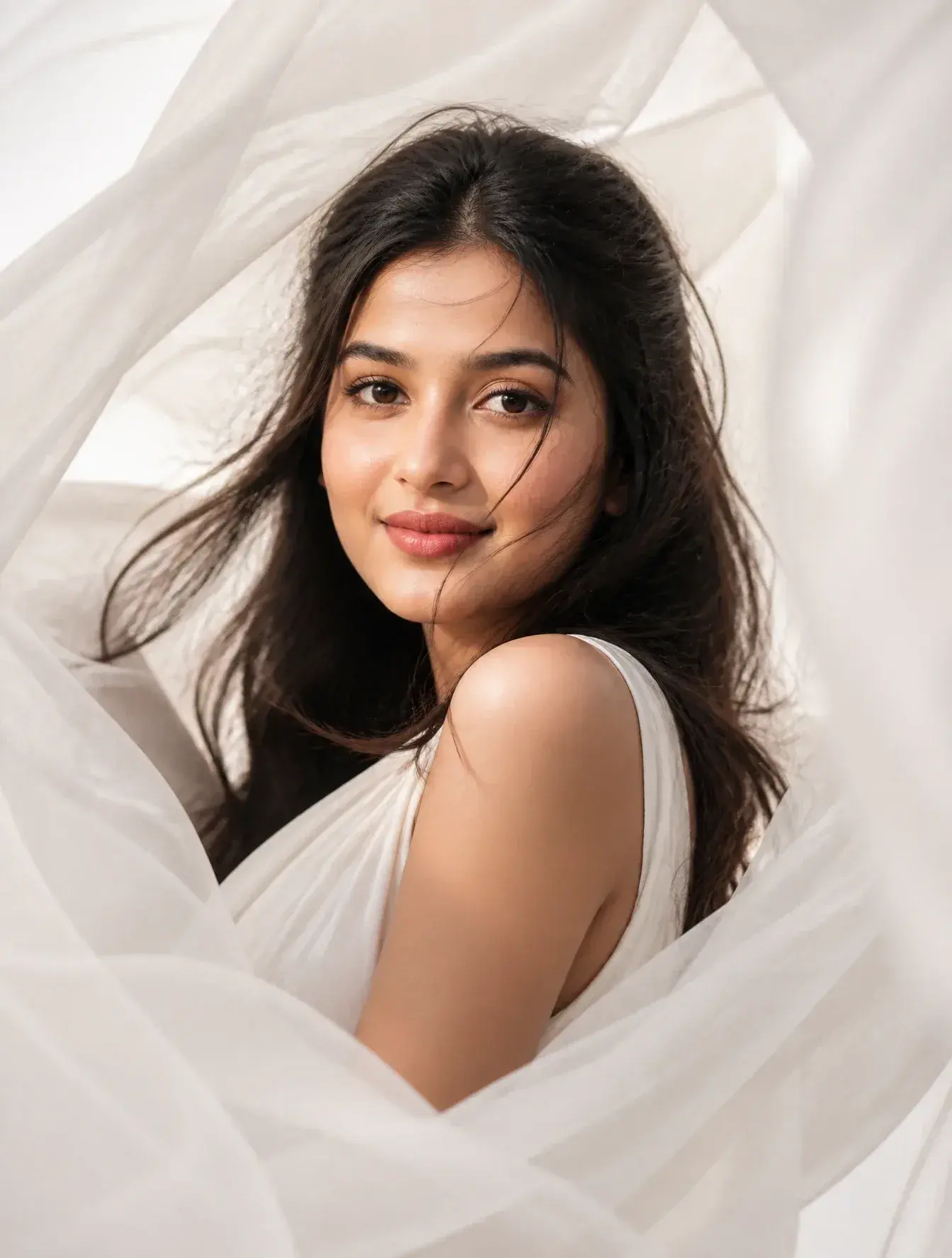 Ultra Realistic Fashion Portrait Of A Beautiful Woman Surrounded By Flowing