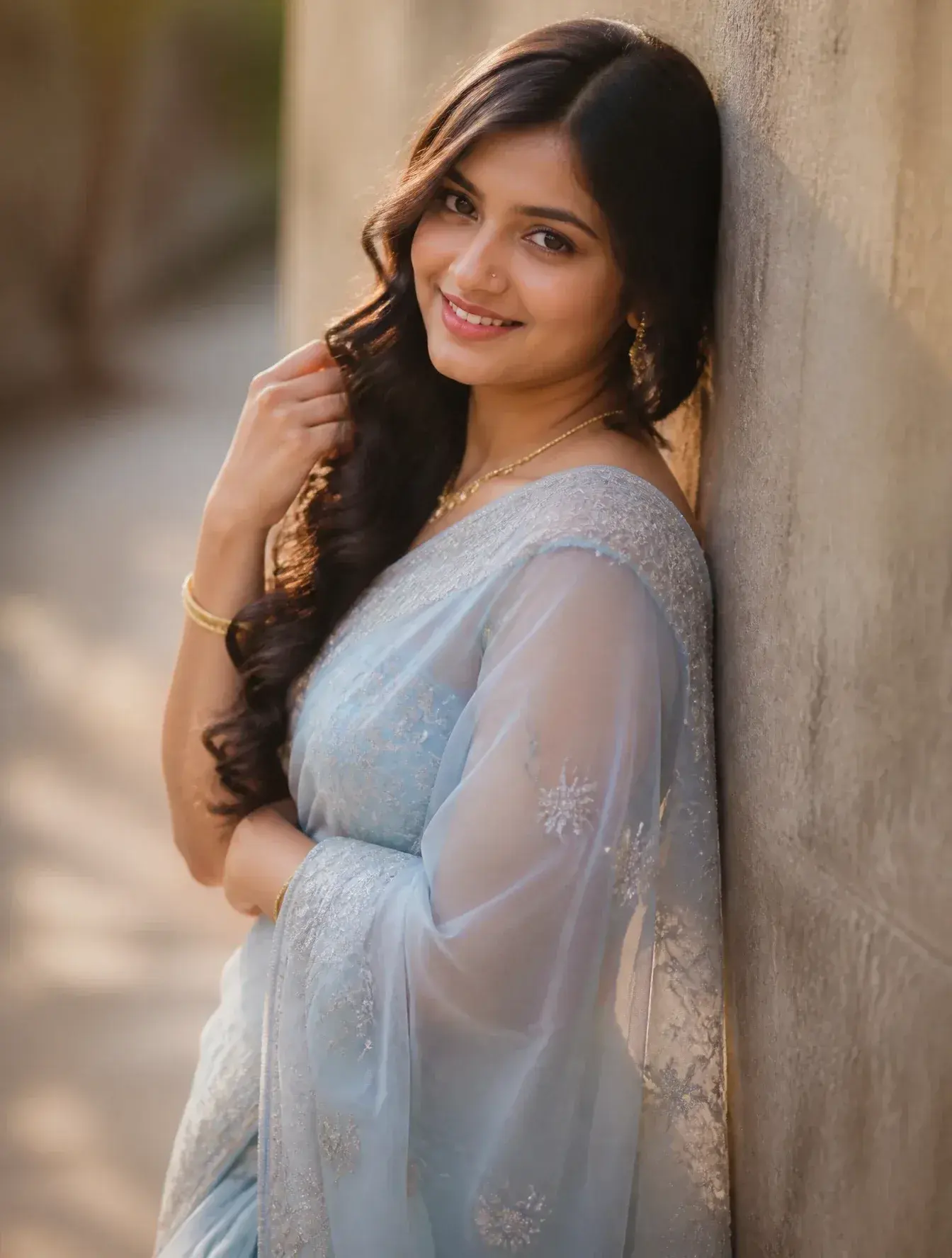 Ultra-Realistic Young Indian Woman Wearing A Luxurious Powder Blue Organza Saree