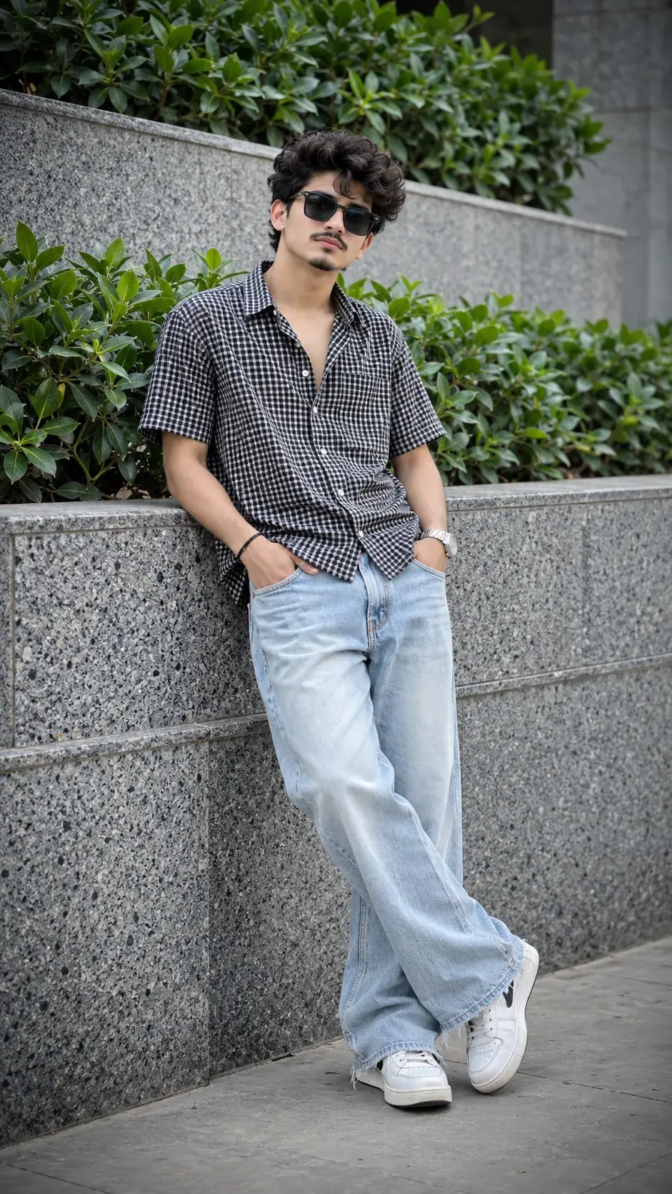 Urban Streetwear Portrait Of A Young Man In Checkered Shirt And Baggy Jeans 🖤
