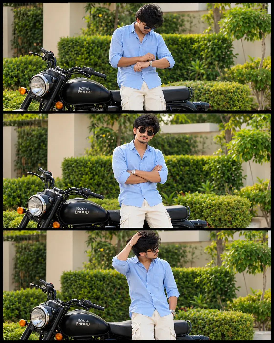 Vertical Film-Strip Collage Of A Young Man With Royal Enfield Motorcycle
