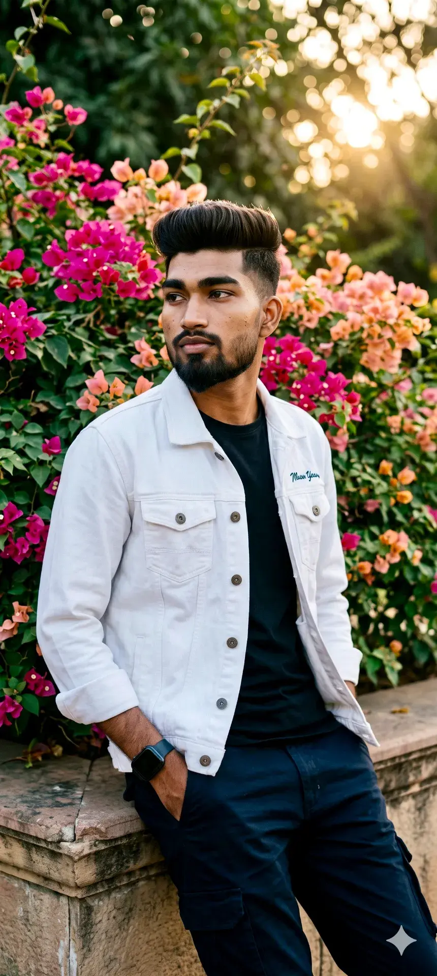 Vibrant Bougainvillea Garden Portrait: Stylish Young Man In White Denim Jacket
