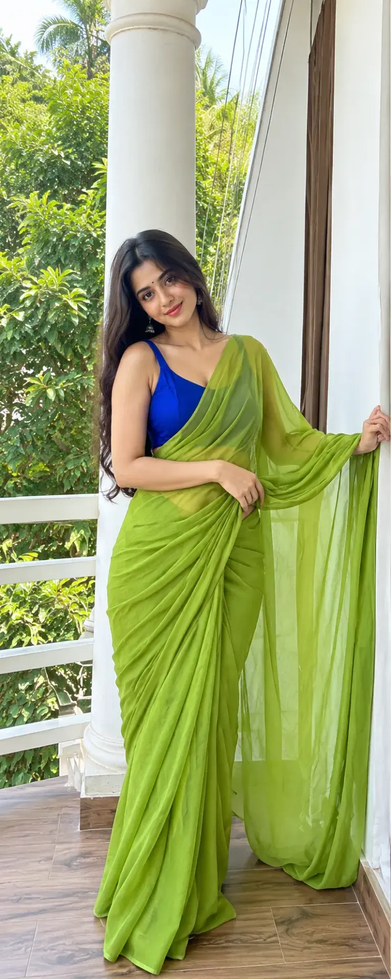 💚🌿 Vibrant Green Saree Photography – Elegant Indian Balcony Fashion Look