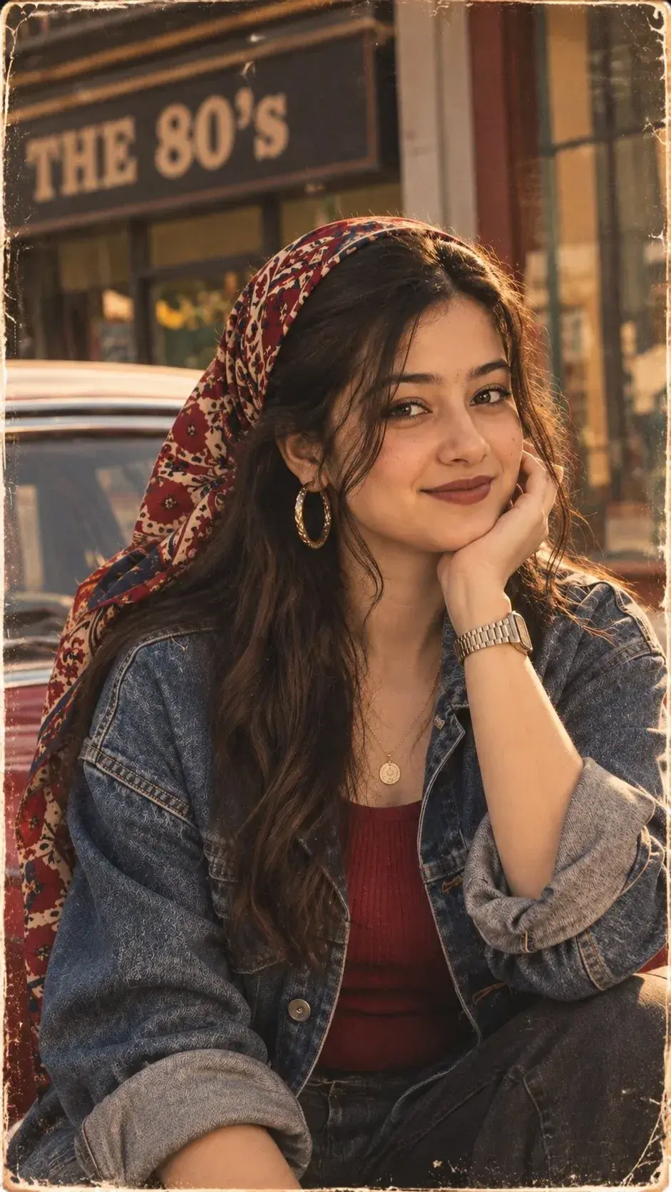 Vintage 1980s Retro Candid Street Portrait Of Smiling Young South Asian Woman In Denim Jacket And Floral Headscarf By Cl