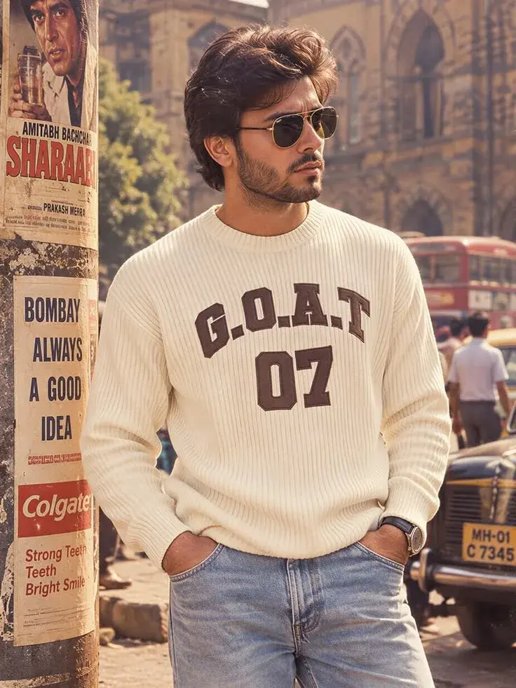 Vintage Bombay Street Portrait Of Young Indian Man In Ribbed Sweater