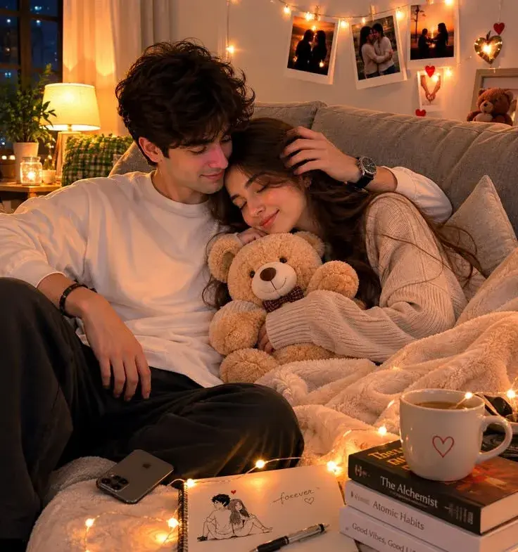 Warm Fairy Light Couple Portrait