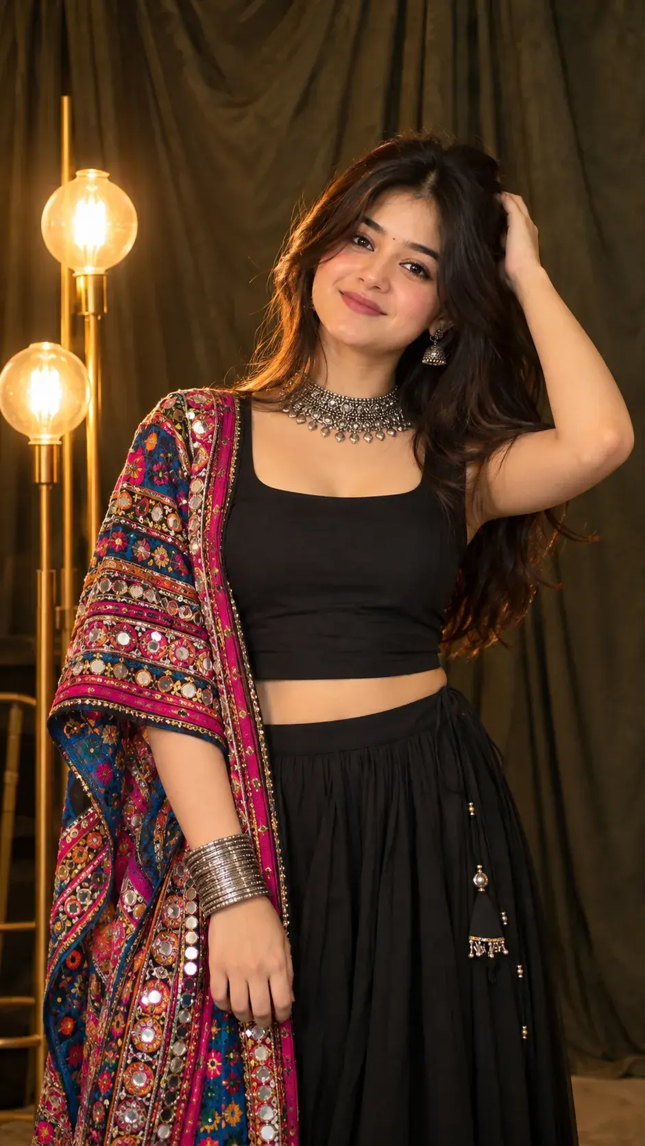 Warm-Lit Portrait Of A South Asian Woman In Black Outfit And Embroidered Dupatta ✨