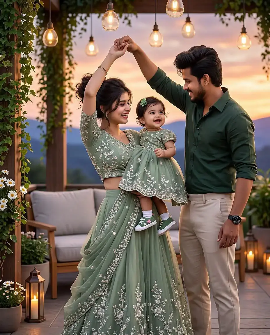 Warm Sunset Family Portrait With Hanging Lights