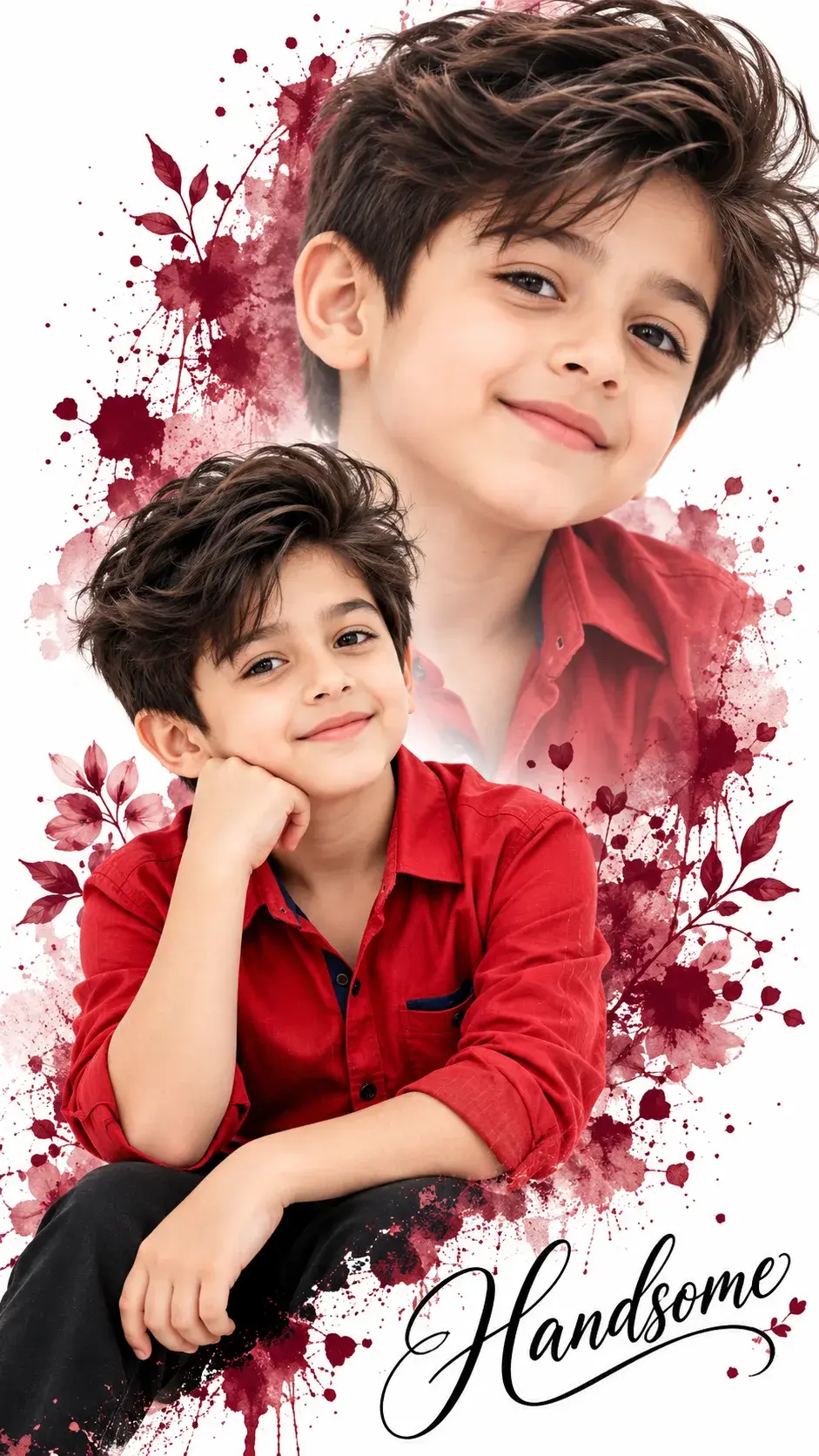 Watercolor Double-Portrait Collage Of A Handsome Boy In Red ❤️