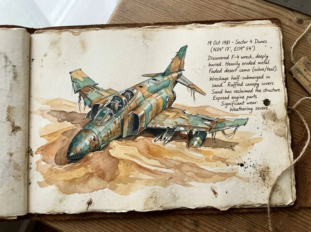 Watercolor Fighter Jet On Aged Journal Paper