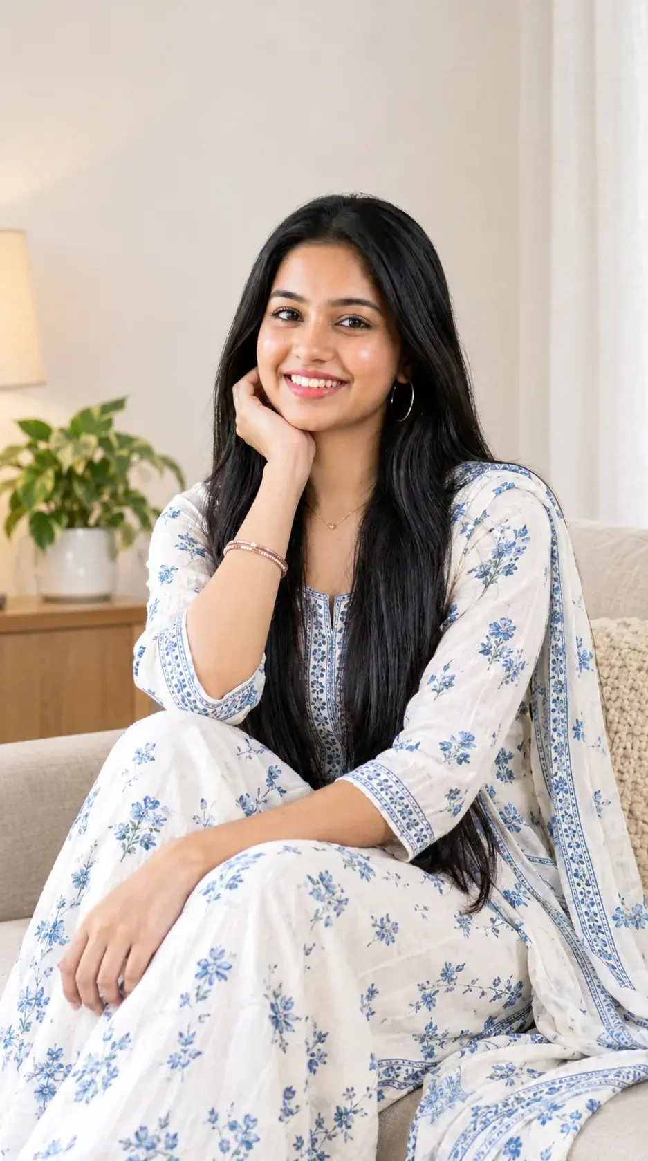 White & Blue Floral Kurta Set Portrait Prompt