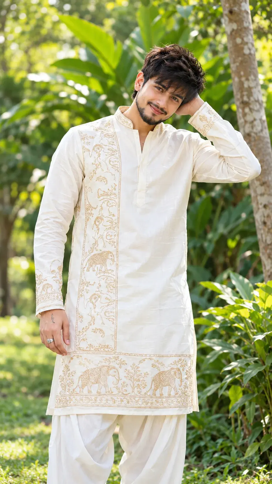 White Embroidered Kurta Portrait Of A Smiling South Asian Man In Green Garden 🌿🤍