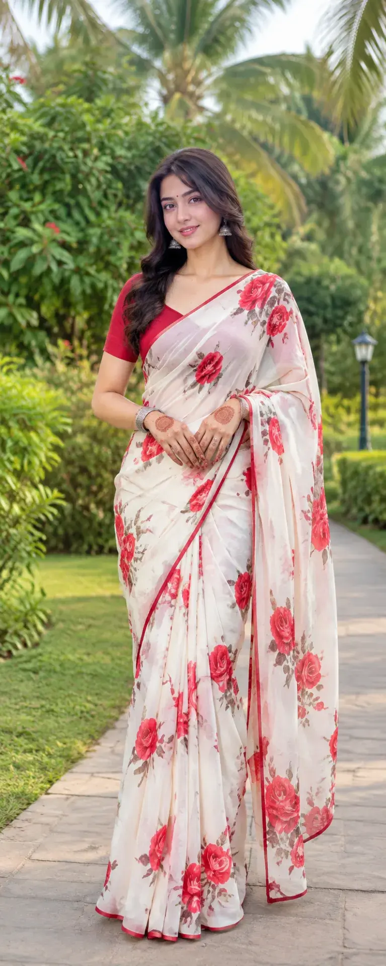🌹🤍 White Saree With Red Roses – Elegant Outdoor Portrait Photography