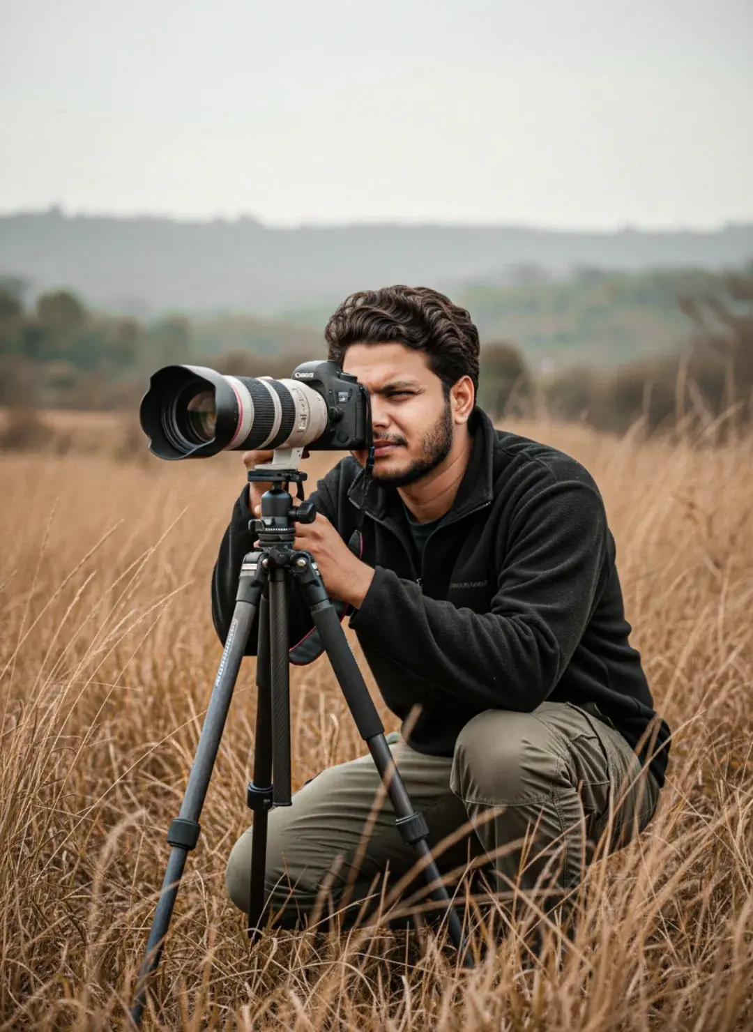 Wildlife Photographer Kneeling In Golden Grassland