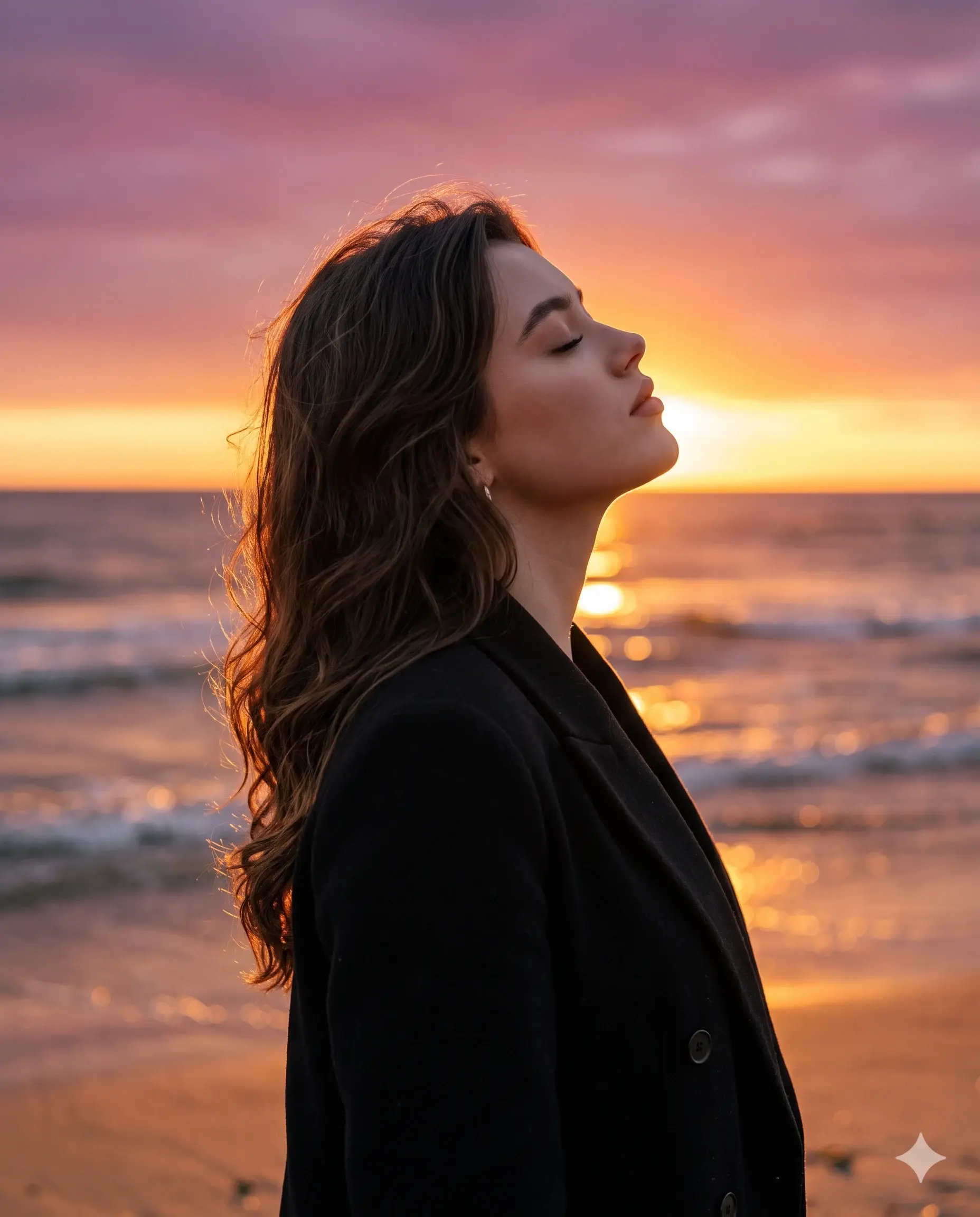 Woman Side Profile Golden Hour Beach AI Photo Prompt