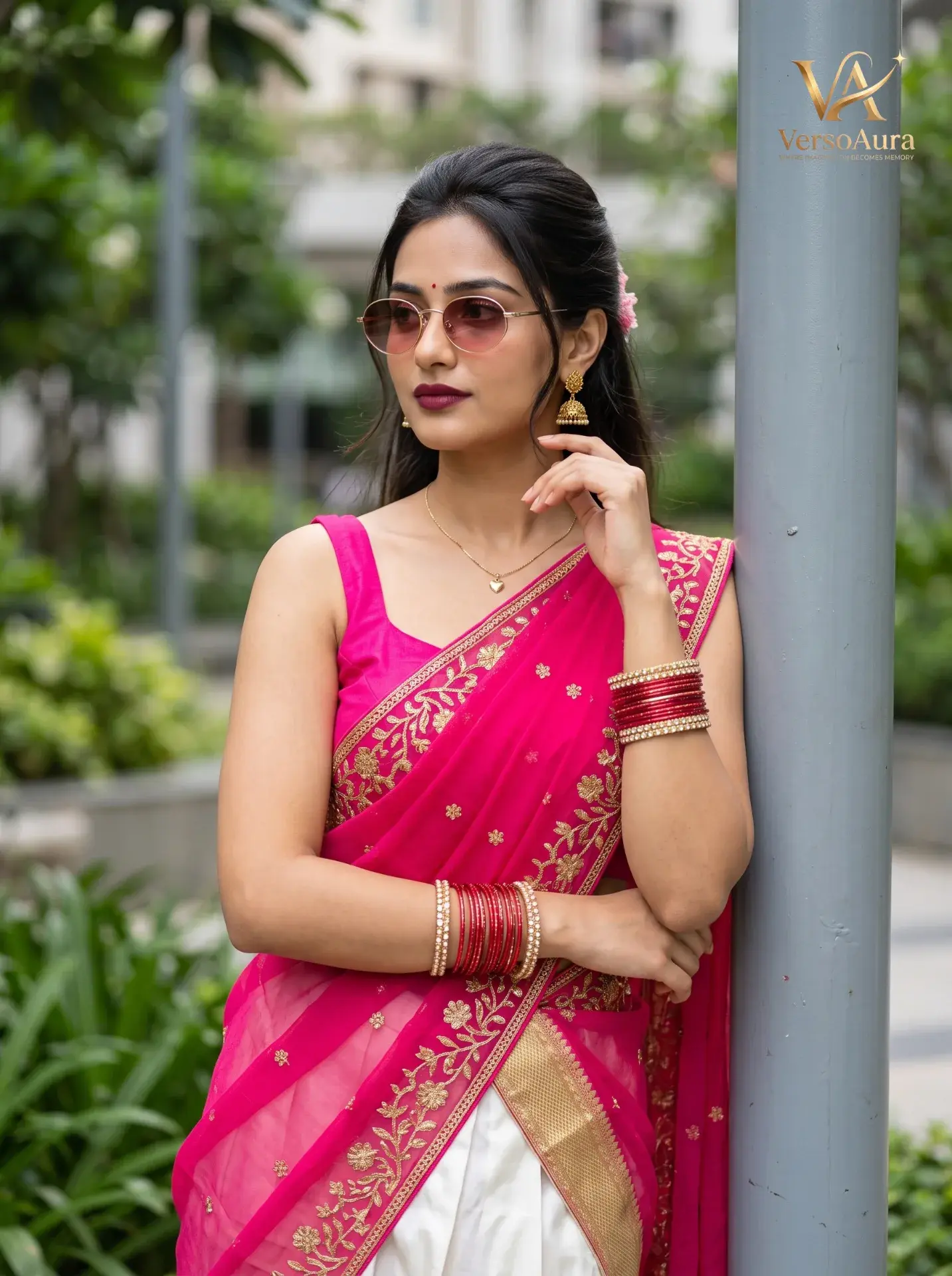 Women In Pink Saree And Glasses