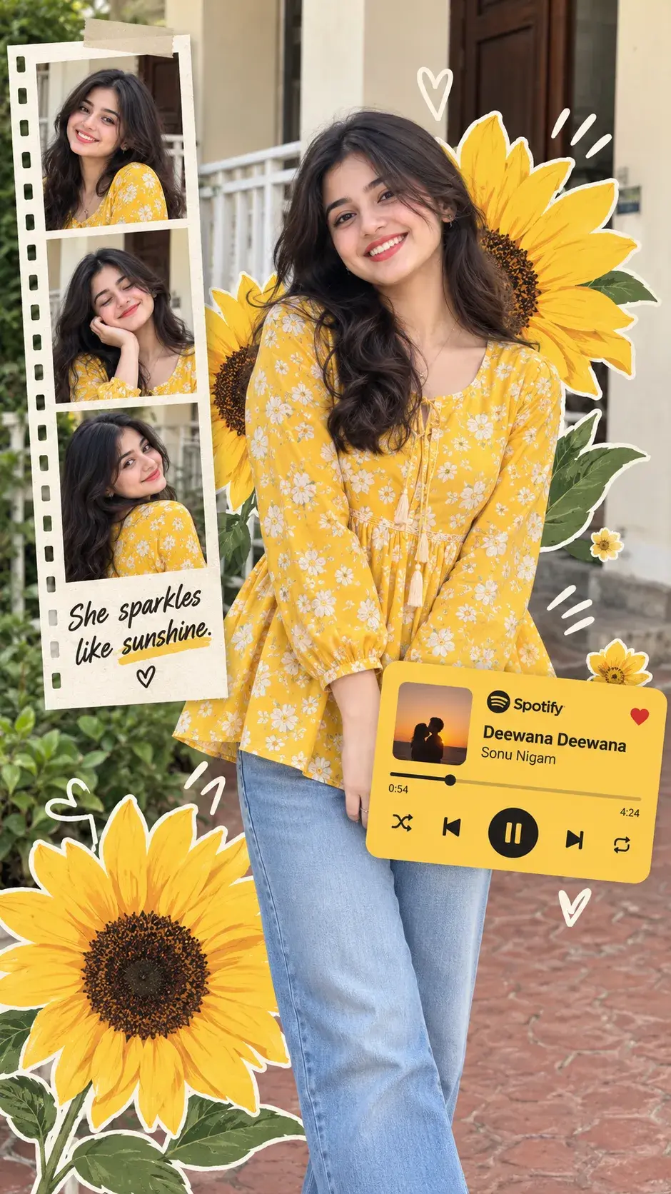 Yellow Floral Tunic Portrait Collage With Sunflowers And Spotify Lyrics 🌻💛