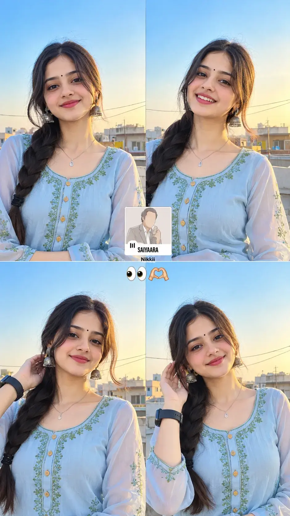 Young Indian Woman – Golden Hour Rooftop 4-Panel Instagram Selfie Collage ✨📸