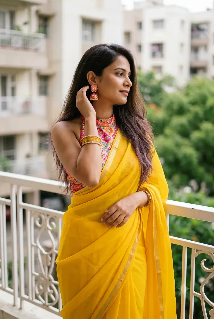 Young Indian Woman In Yellow Saree On A Sunny Balcony