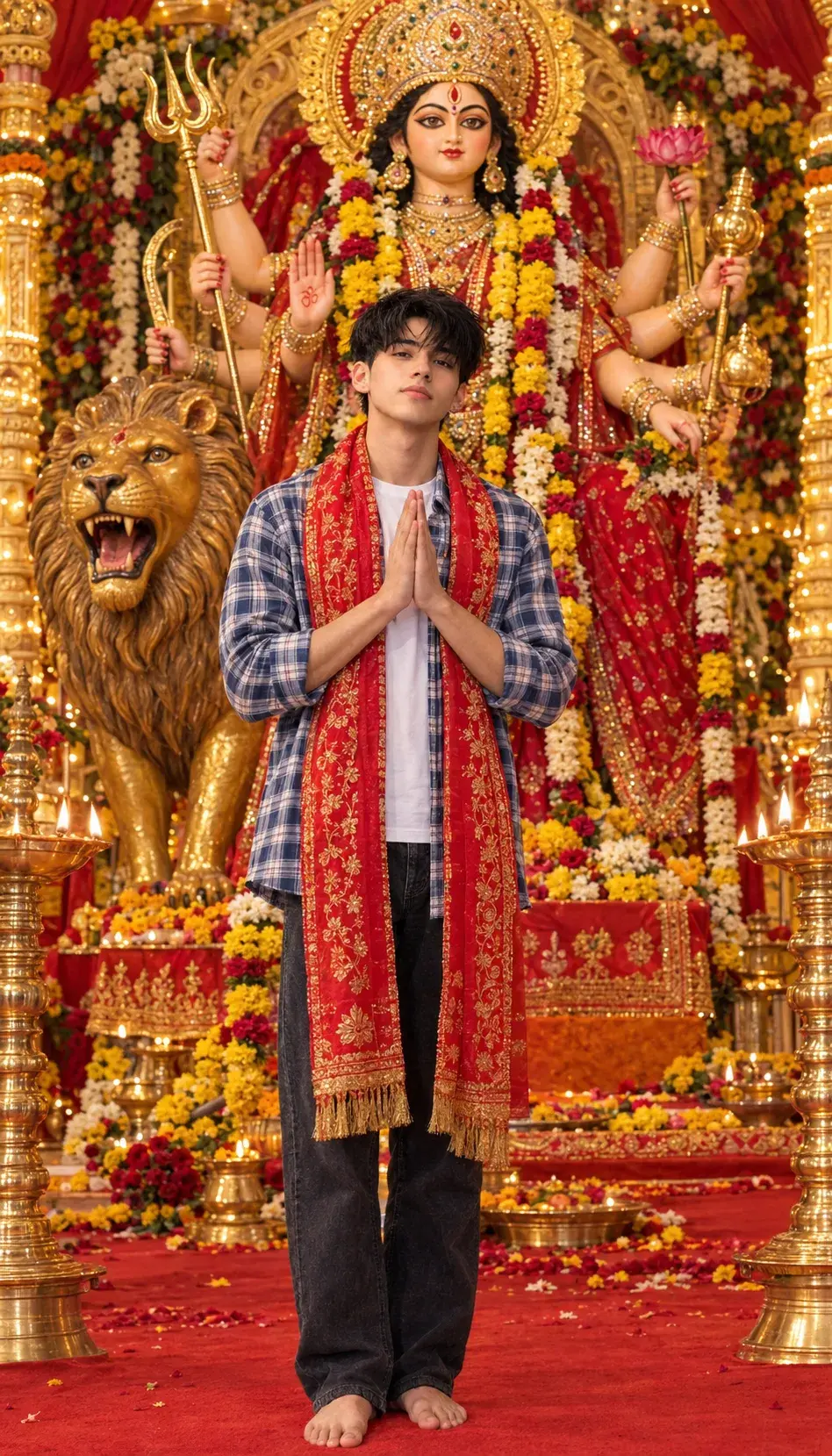 Young Man In Traditional Scarf Praying In Front Of Goddess Durga Idol At Festival