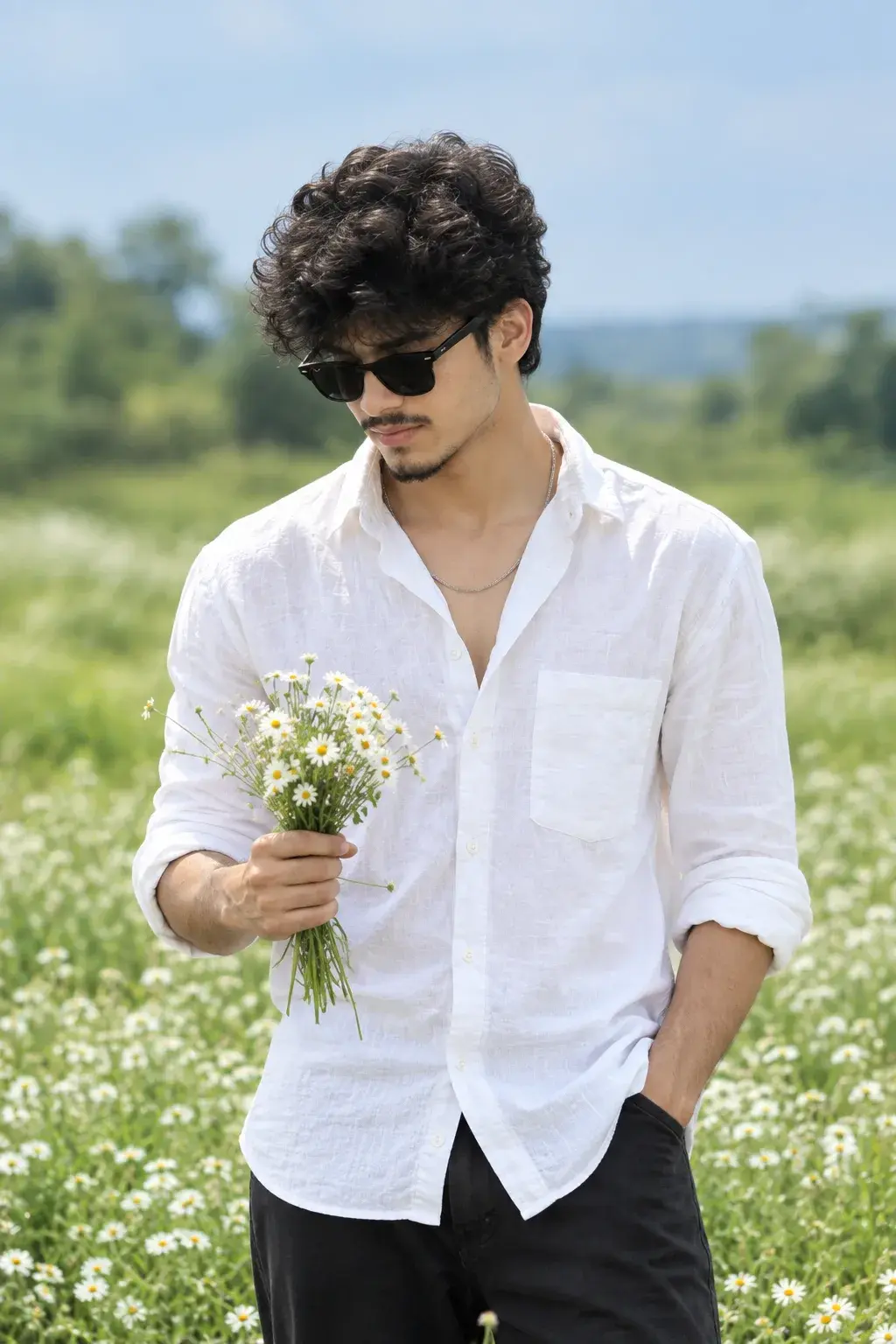 Young Man In White Linen Shirt Holding Wildflowers In A Field