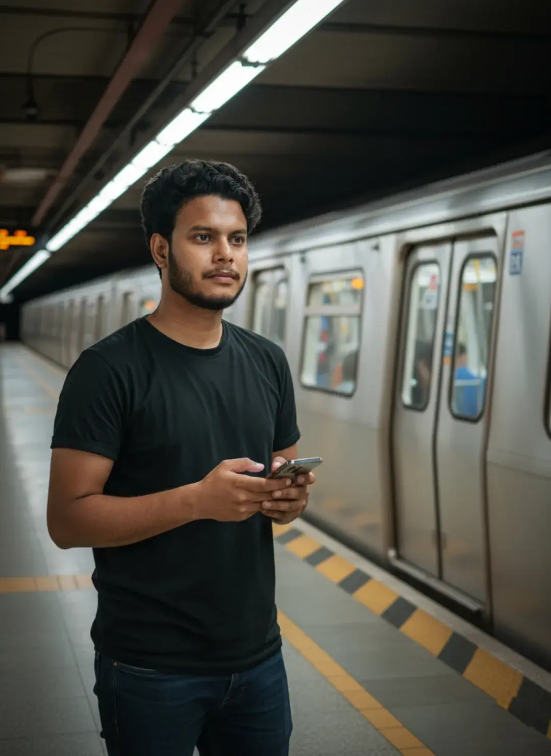 Young Man On Subway Platform Holding Phone