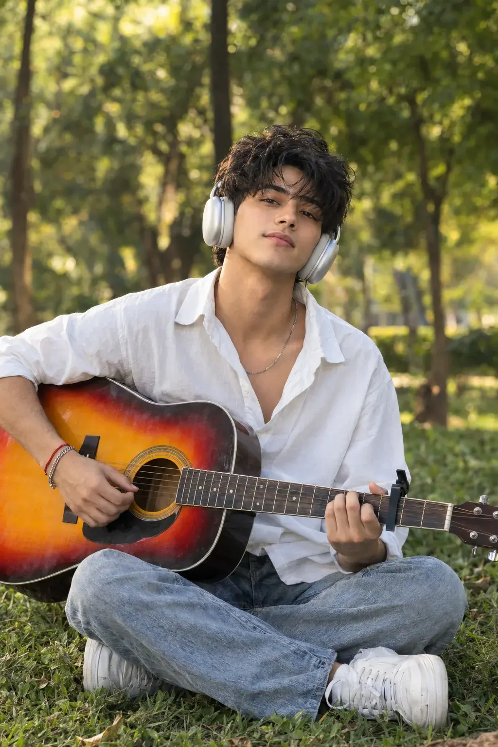 Young Man Playing Acoustic Guitar And Wearing Headphones Outdoors In Park